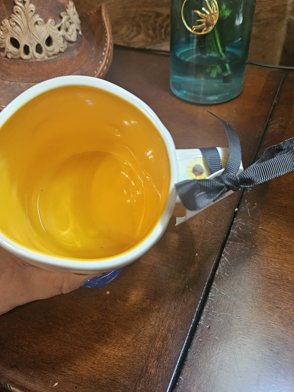 Rae Dunn White Mug with Yellow Sunflower Interior and Exterior